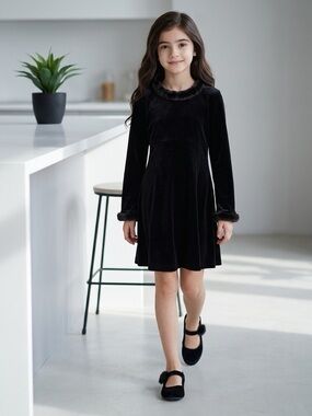 EUC The Children's Place Girls Black Faux Fur Trim Long Sleeve Dress - Size 6/7